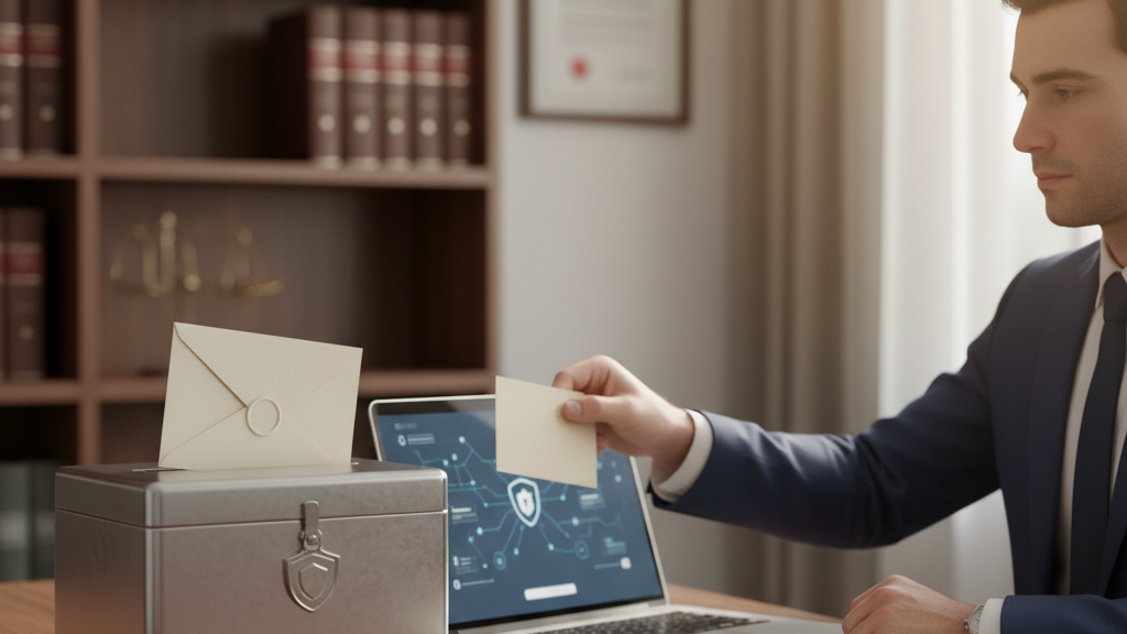 Imagen que muestra un canal de denuncias interno en una empresa, con una caja confidencial, una computadora con plataforma digital de reporte y un profesional sosteniendo un sobre sellado, simbolizando la protección del denunciante y el cumplimiento legal.