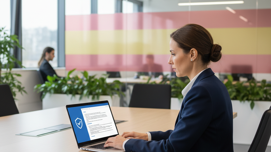 Imagen que muestra a una empresaria usando un portal seguro de denuncias online con icono de escudo y documento, simbolizando la normativa española Ley 2/2023