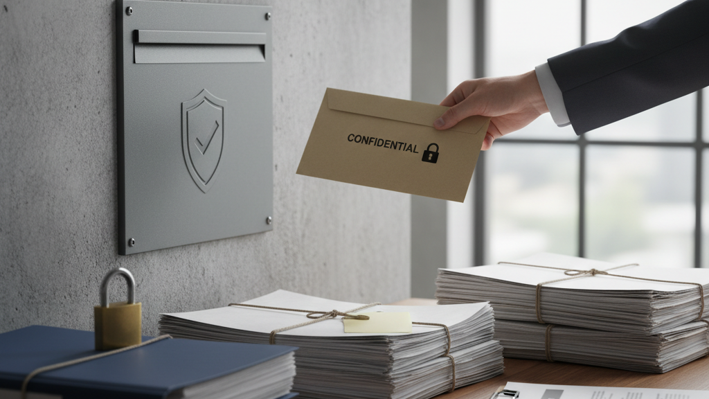 Ilustración de un canal de denuncias seguro que muestra la entrega confidencial de una denuncia y la protección del informante