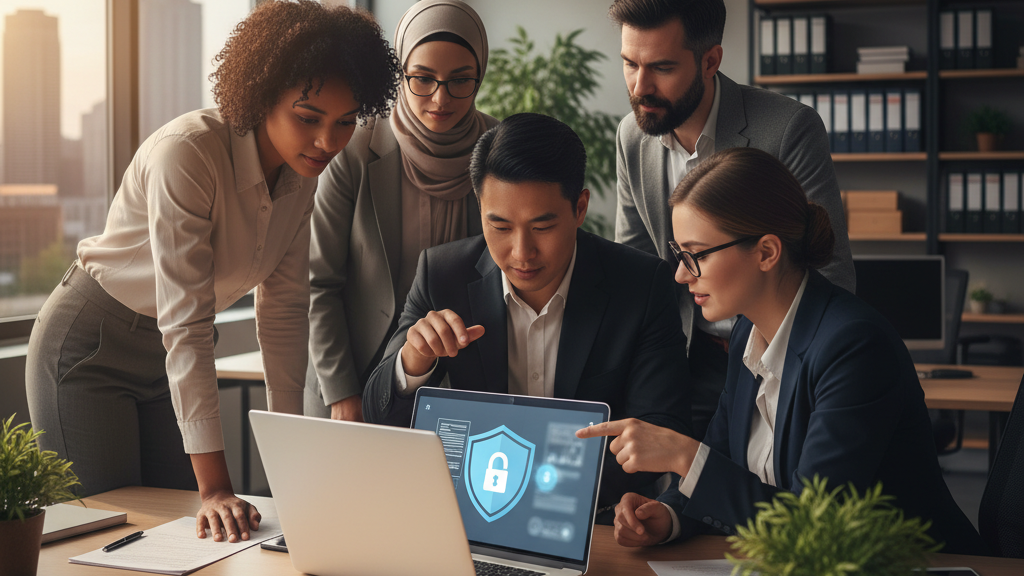 Imagen que representa un canal de denuncias digital conforme a la Ley 2/2023, con laptop, escudo de seguridad y profesionales colaborando