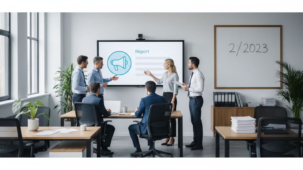 Ilustración de un canal de denuncias obligatorio para empresas según la Ley 2/2023, mostrando empleados colaborando en una oficina y resaltando la integridad y el control interno