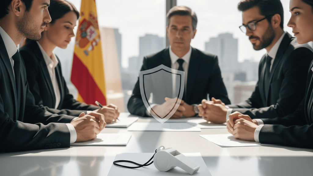 Imagen que ilustra la normativa whistleblowing España empresas, mostrando un canal de denuncias interno en un entorno corporativo con confidencialidad y protección del informante
