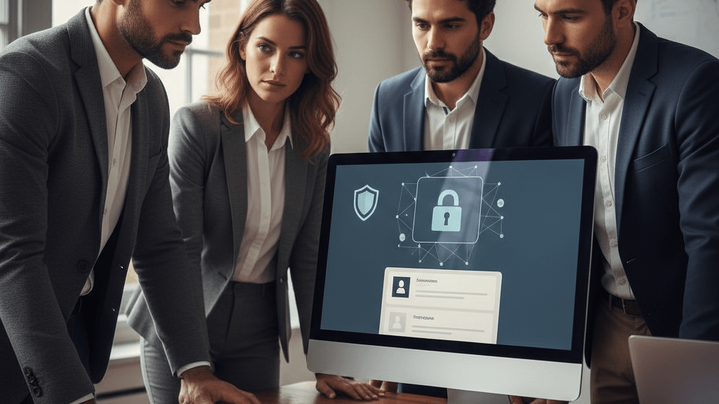 Imagen que muestra un entorno corporativo seguro para prevenir fraudes con canal de denuncias, con empleados usando una plataforma digital confidencial