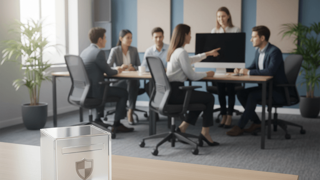 Ilustración que muestra un canal de denuncias para proteger a los empleados, con un buzón confidencial y empleados de distintas áreas trabajando en un entorno seguro y transparente.