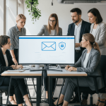 Ilustración que muestra cómo crear un sistema interno de denuncias empresarial, con empleados usando una plataforma segura de reporte en una oficina moderna, resaltando la confidencialidad y la protección del informante