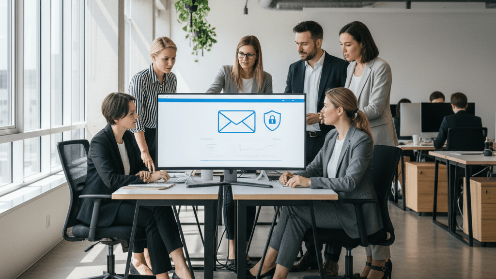 Ilustración que muestra cómo crear un sistema interno de denuncias empresarial, con empleados usando una plataforma segura de reporte en una oficina moderna, resaltando la confidencialidad y la protección del informante