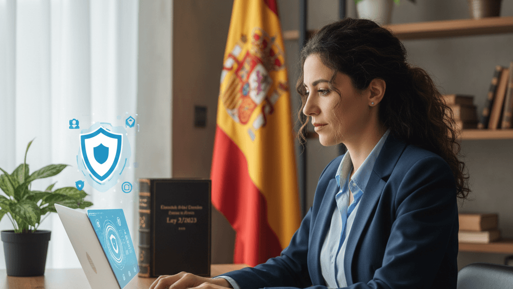 Imagen que muestra a un empleado español usando un portal digital para presentar una denuncia, representando la legislación canal de denuncias España y la protección de datos