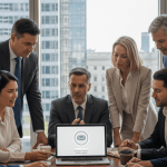 Imagen que ilustra quién está obligado a tener canal de denuncias, mostrando empleados de una empresa y representantes de la administración pública frente a un portal de denuncias confidencial