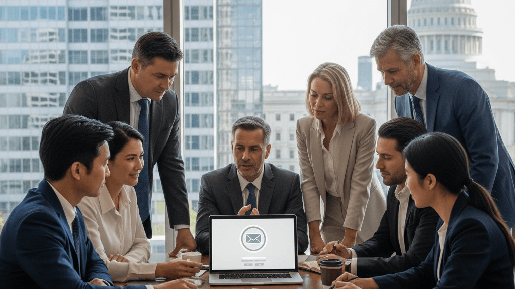 Imagen que ilustra quién está obligado a tener canal de denuncias, mostrando empleados de una empresa y representantes de la administración pública frente a un portal de denuncias confidencial