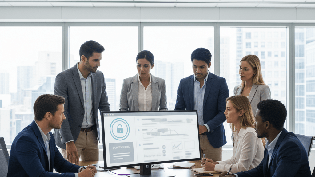 Imagen que muestra el mejor canal de denuncias para empresas, con profesionales revisando una plataforma digital segura que protege a los informantes