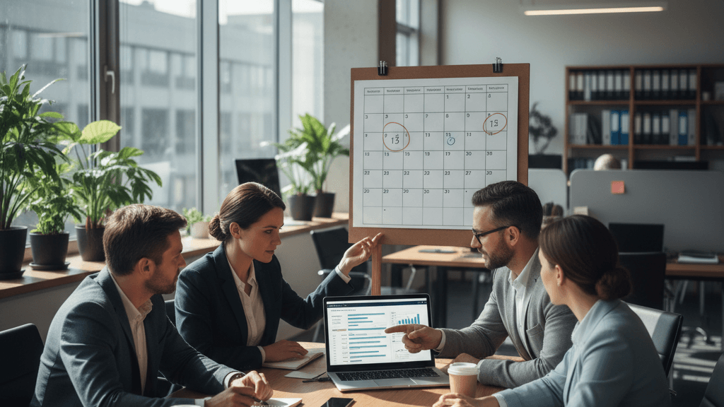 Imagen que ilustra el plazo para implantar canal de denuncias en España, mostrando un calendario con las fechas clave del 13 de junio y 1 de diciembre de 2023, un equipo empresarial revisando una lista de verificación de cumplimiento.