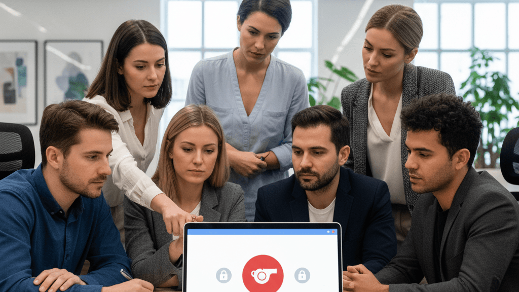 Imagen que muestra cómo implementar un canal de denuncias fácil en una empresa, con empleados utilizando una plataforma digital segura y accesible para reportar irregularidades.