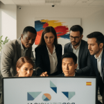 Imagen que muestra a empleados de una empresa española utilizando un canal interno de denuncias, cumpliendo la ley protección informante España empresas, con énfasis en la confidencialidad y la protección contra represalias