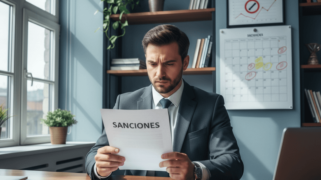 Imagen de un empresario revisando las multas por no cumplir la ley del canal de denuncias, con papeles, calendario y pantalla de ordenador que indican la necesidad de cumplir la normativa