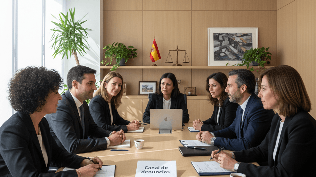 Imagen que ilustra qué empresas están obligadas a tener canal de denuncias en España, mostrando un entorno empresarial español con empleados revisando un documento de cumplimiento legal