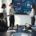 Ilustración que muestra un sistema para prevenir fraudes internos con un tablero digital de análisis de datos, alertas de seguridad y un canal de denuncias, reflejando la protección financiera y reputacional de la empresa