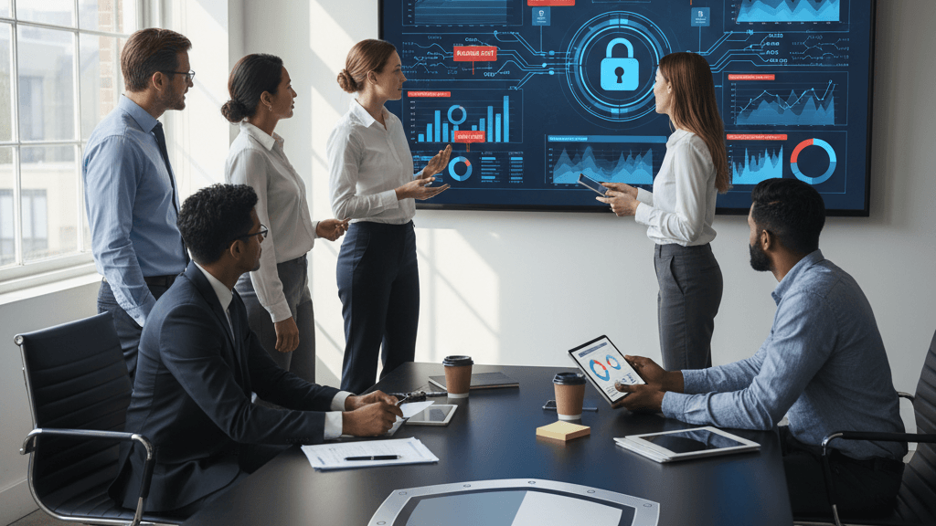 Ilustración que muestra un sistema para prevenir fraudes internos con un tablero digital de análisis de datos, alertas de seguridad y un canal de denuncias, reflejando la protección financiera y reputacional de la empresa