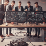 Ilustración que muestra por qué fallan los sistemas internos en empresas, con engranajes rotos, empleados confundidos y datos desorganizados en un entorno de oficina