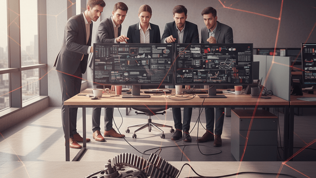 Ilustración que muestra por qué fallan los sistemas internos en empresas, con engranajes rotos, empleados confundidos y datos desorganizados en un entorno de oficina