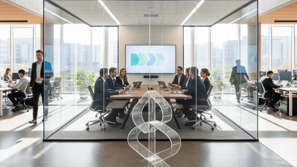 Ejemplo visual de transparencia empresarial donde la información se comparte abiertamente con empleados y stakeholders