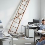 Imagen que ilustra los Errores al escalar una empresa sin estructura, mostrando una oficina desordenada con empleados confundidos, papeles esparcidos y procesos caóticos que reflejan la falta de visión, planificación y estructura organizativa.