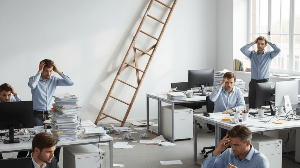 Imagen que ilustra los Errores al escalar una empresa sin estructura, mostrando una oficina desordenada con empleados confundidos, papeles esparcidos y procesos caóticos que reflejan la falta de visión, planificación y estructura organizativa.