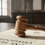 Imagen que ilustra la última decisión judicial caso Negreira, con un martillo de juez sobre papeles legales y el escudo del FC Barcelona, simbolizando el impacto de la sentencia en el club y el arbitraje español.