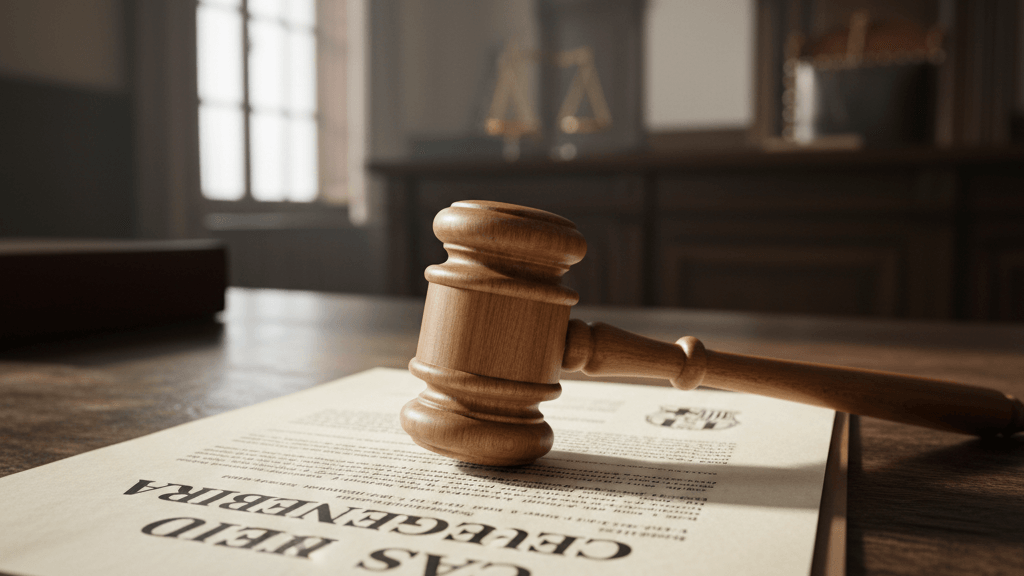 Imagen que ilustra la última decisión judicial caso Negreira, con un martillo de juez sobre papeles legales y el escudo del FC Barcelona, simbolizando el impacto de la sentencia en el club y el arbitraje español.