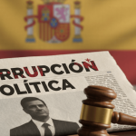 Imagen que representa la última hora corrupción política España, con un periódico español y símbolos de justicia que reflejan la actualidad de los escándalos políticos