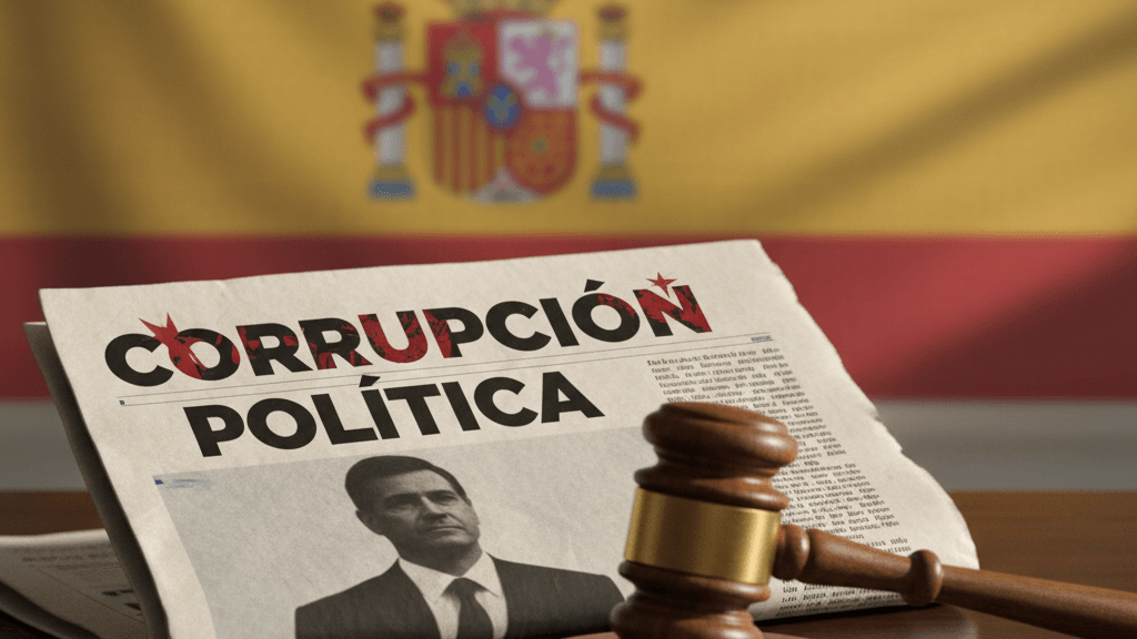 Imagen que representa la última hora corrupción política España, con un periódico español y símbolos de justicia que reflejan la actualidad de los escándalos políticos