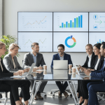 Imagen que ilustra Cómo mejorar la transparencia en una empresa, mostrando a un equipo diverso colaborando frente a una mesa de vidrio con pantallas digitales que resaltan la claridad y la comunicación interna.