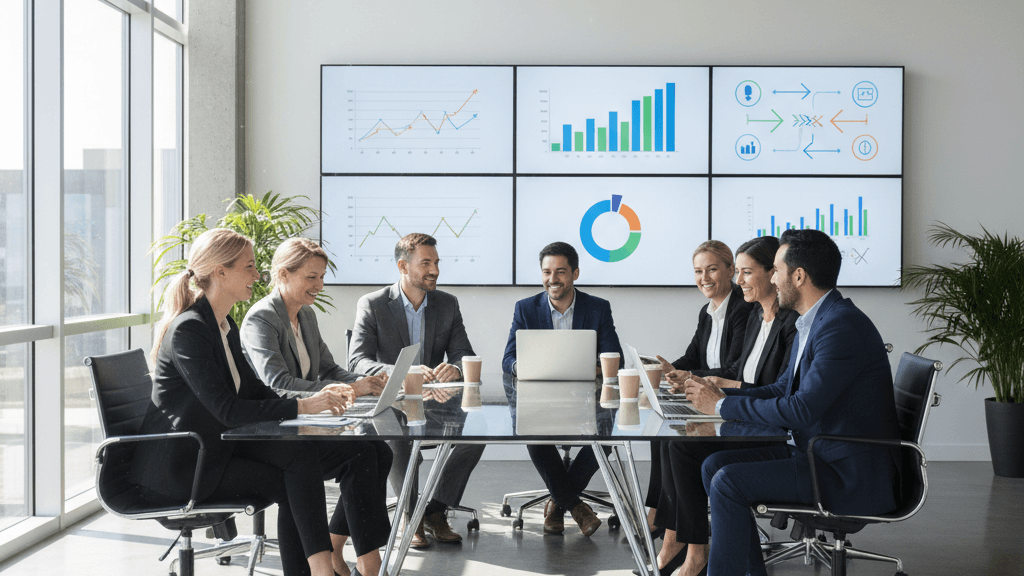 Imagen que ilustra Cómo mejorar la transparencia en una empresa, mostrando a un equipo diverso colaborando frente a una mesa de vidrio con pantallas digitales que resaltan la claridad y la comunicación interna.